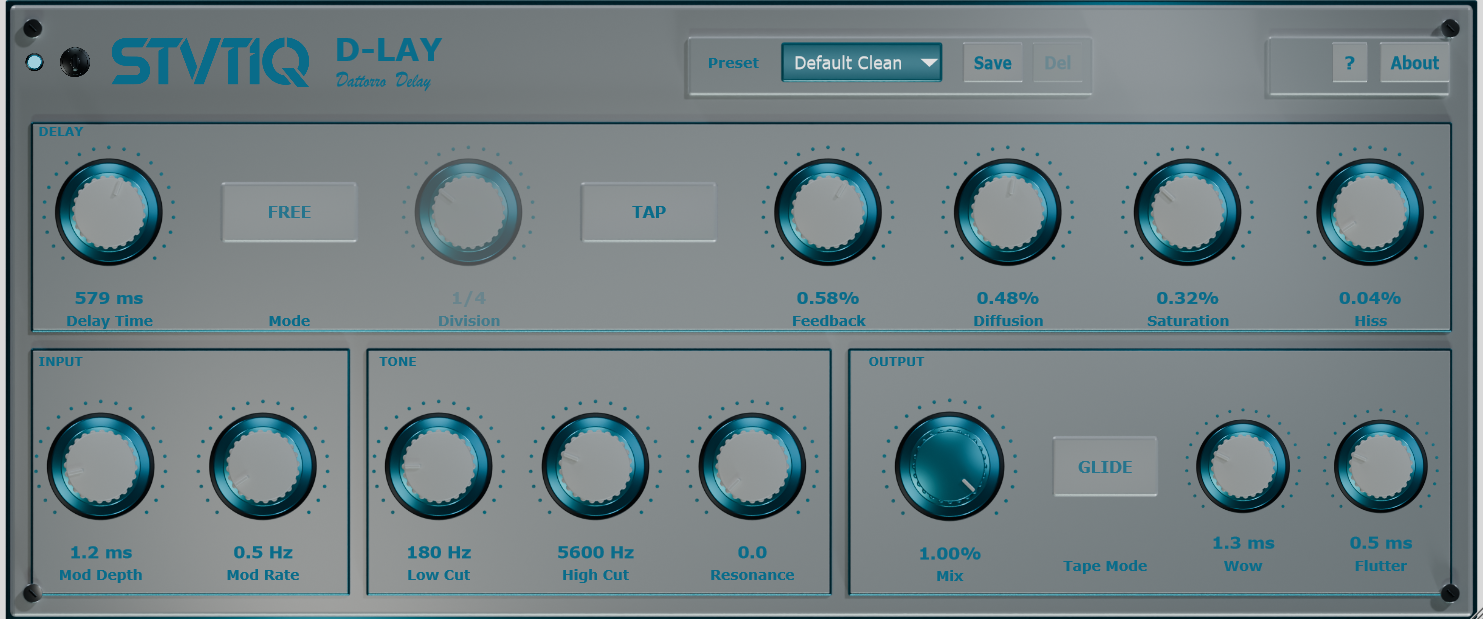 D-Lay interface showing delay, input, tone and output controls