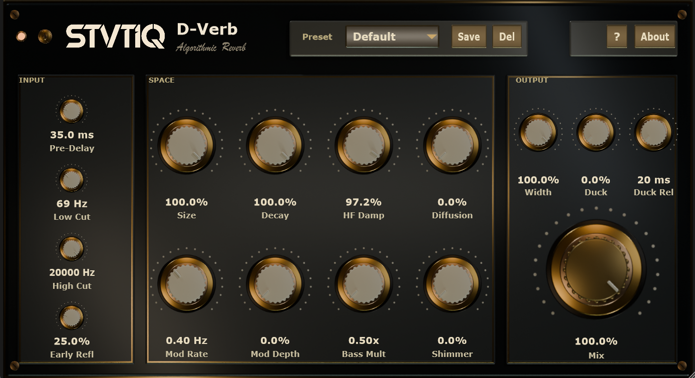 D-Verb interface showing input, space and output controls